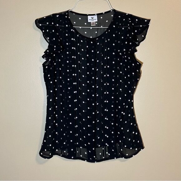 Black and white polka dot shear button down top PM - Picture 1 of 4